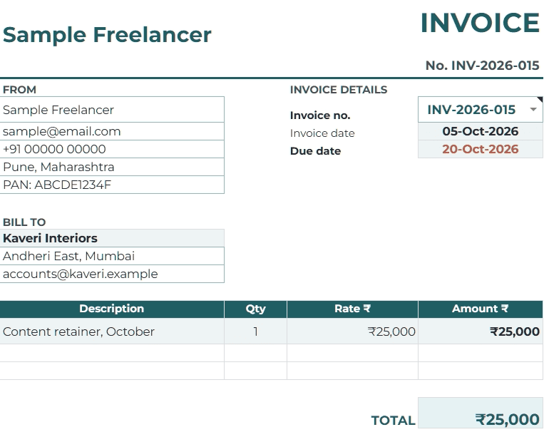 Bonus Invoice tab, filled in from one Income row